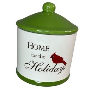Home For The Holidays Red Cardinal Canister With Lid White Green Christmas Candy